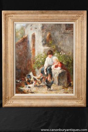 French Impressionist Oil Painting Children Hens Art Gilt Frame
